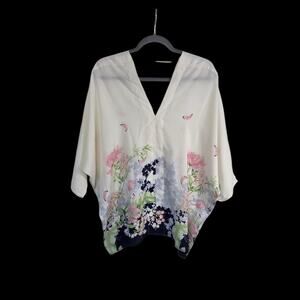 Rose + Olive Kimono Sleeve Blouse Ivory Floral Butterfly Asian Blouse, Sz Medium